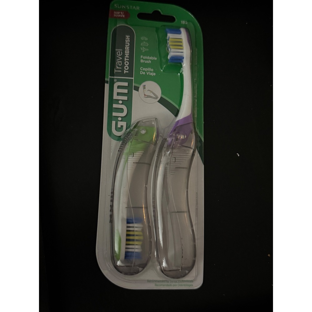 GUM‎ Folding Travel Toothbrush Soft Bristles Compact Head Tongue Cleaner 2 Pack